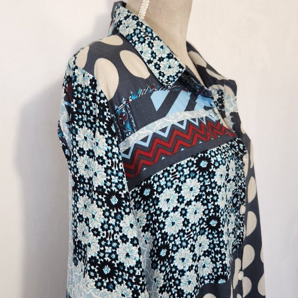 Tulip Women's Oversized Small Multi-Color Patchwork Asymmetric Button Tunic Top - Picture 6 of 15